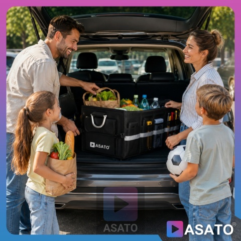 Organizer do bagażnika samochodowego LUX 1F ASATO® składany 60x35x30 cm z klapą i przegrodami