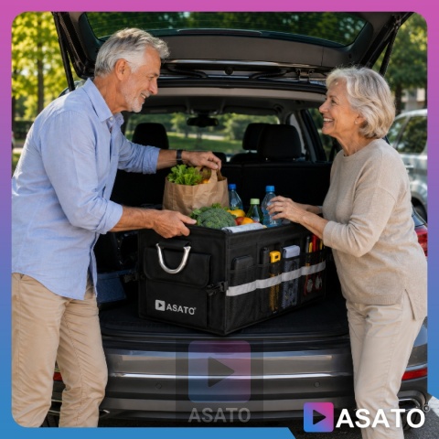 Organizer do bagażnika samochodowego LUX 1F ASATO® składany 60x35x30 cm z klapą i przegrodami