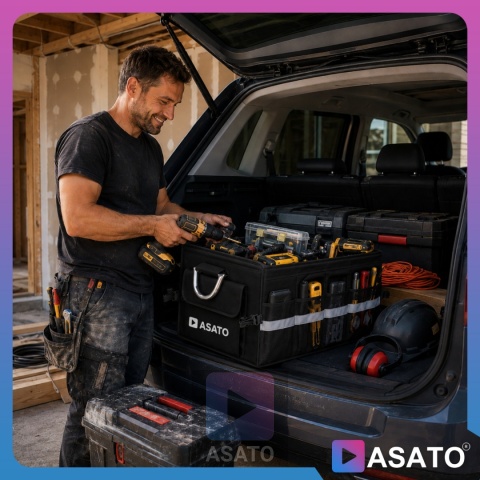 Organizer do bagażnika samochodowego LUX 1F ASATO® składany 60x35x30 cm z klapą i przegrodami