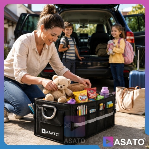 Organizer do bagażnika samochodowego LUX 1F ASATO® składany 60x35x30 cm z klapą i przegrodami