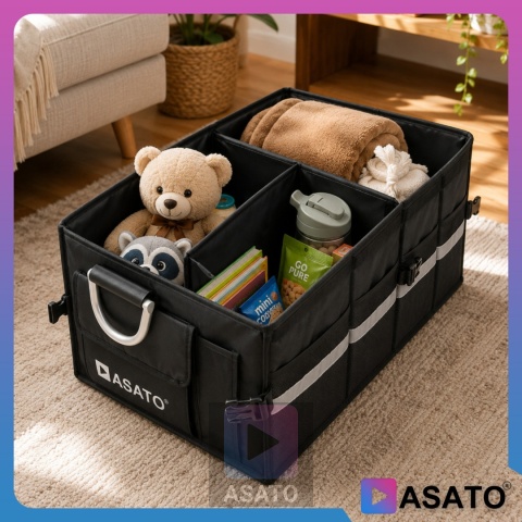 Organizer do bagażnika samochodowego LUX 1F ASATO® składany 60x35x30 cm z klapą i przegrodami