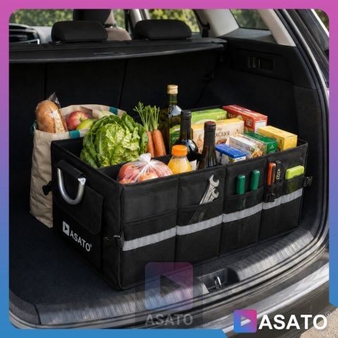 Organizer do bagażnika samochodowego LUX 1F ASATO® składany 60x35x30 cm z klapą i przegrodami