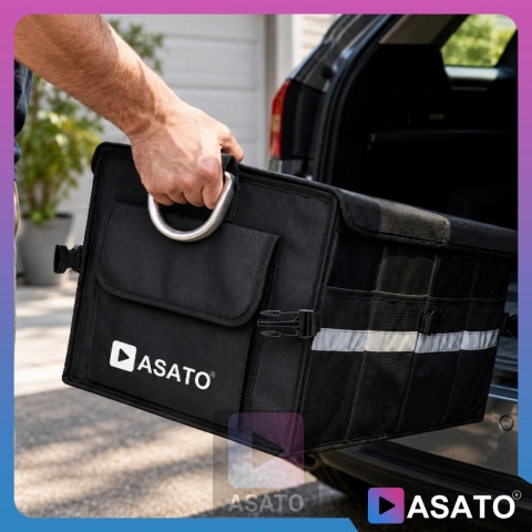 Organizer do bagażnika samochodowego LUX 1F ASATO® składany 60x35x30 cm z klapą i przegrodami