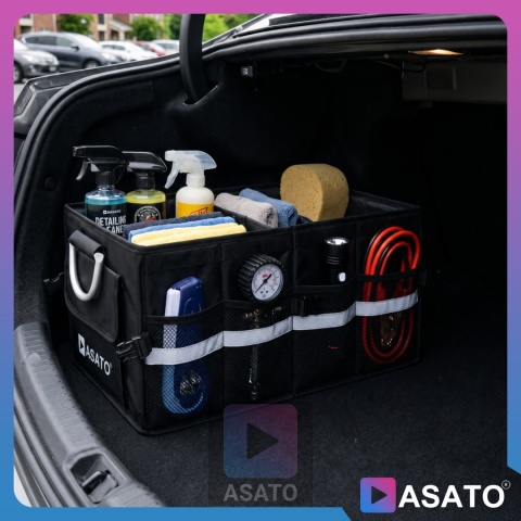 Organizer do bagażnika samochodowego LUX 1F ASATO® składany 60x35x30 cm z klapą i przegrodami