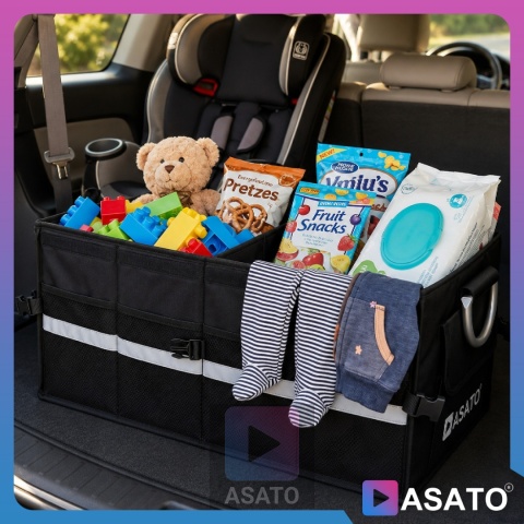 Organizer do bagażnika samochodowego LUX 1F ASATO® składany 60x35x30 cm z klapą i przegrodami