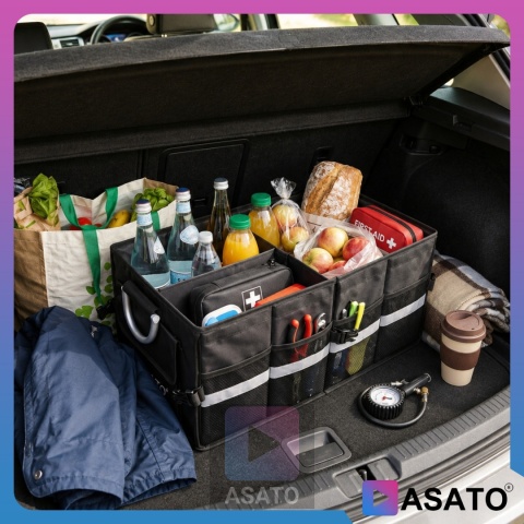 Organizer do bagażnika samochodowego LUX 1F ASATO® składany 60x35x30 cm z klapą i przegrodami