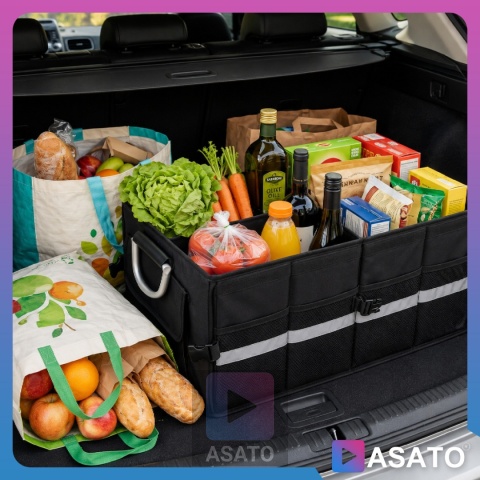 Organizer do bagażnika samochodowego LUX 1F ASATO® składany 60x35x30 cm z klapą i przegrodami