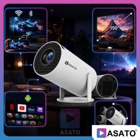 Projektor Smart Mini ASATO® Rzutnik HDMI - Android TV WiFi Bluetooth 5.0 - HD 720p 4K Ready - Ekran 150''