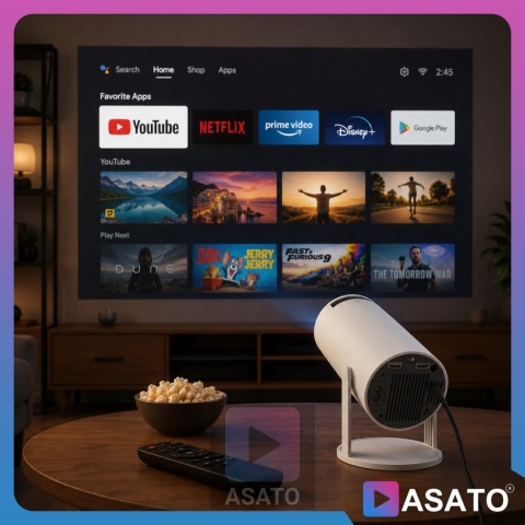 Projektor Smart Mini ASATO® Rzutnik HDMI - Android TV WiFi Bluetooth 5.0 - HD 720p 4K Ready - Ekran 150''