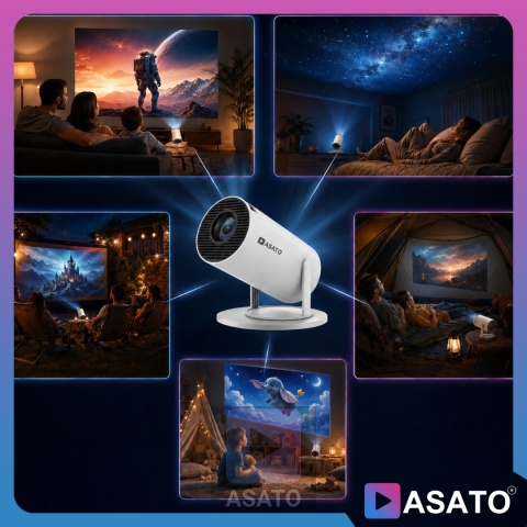 Projektor Smart Mini ASATO® Rzutnik HDMI - Android TV WiFi Bluetooth 5.0 - HD 720p 4K Ready - Ekran 150''